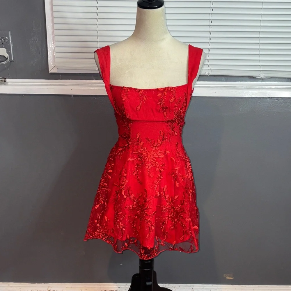 Lucy in the Sky Red Floral Fit & Flare Mini Dress Embroidered Size S - Picture 3 of 11